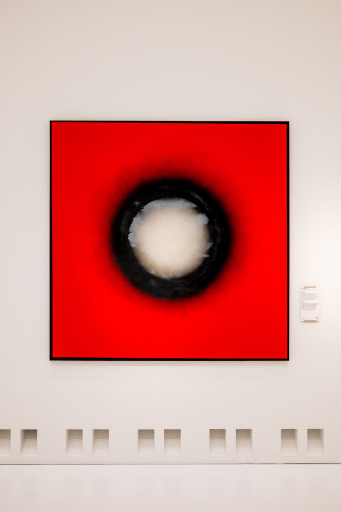 Striking abstract artwork with bold red and black hues on display in a modern art gallery.