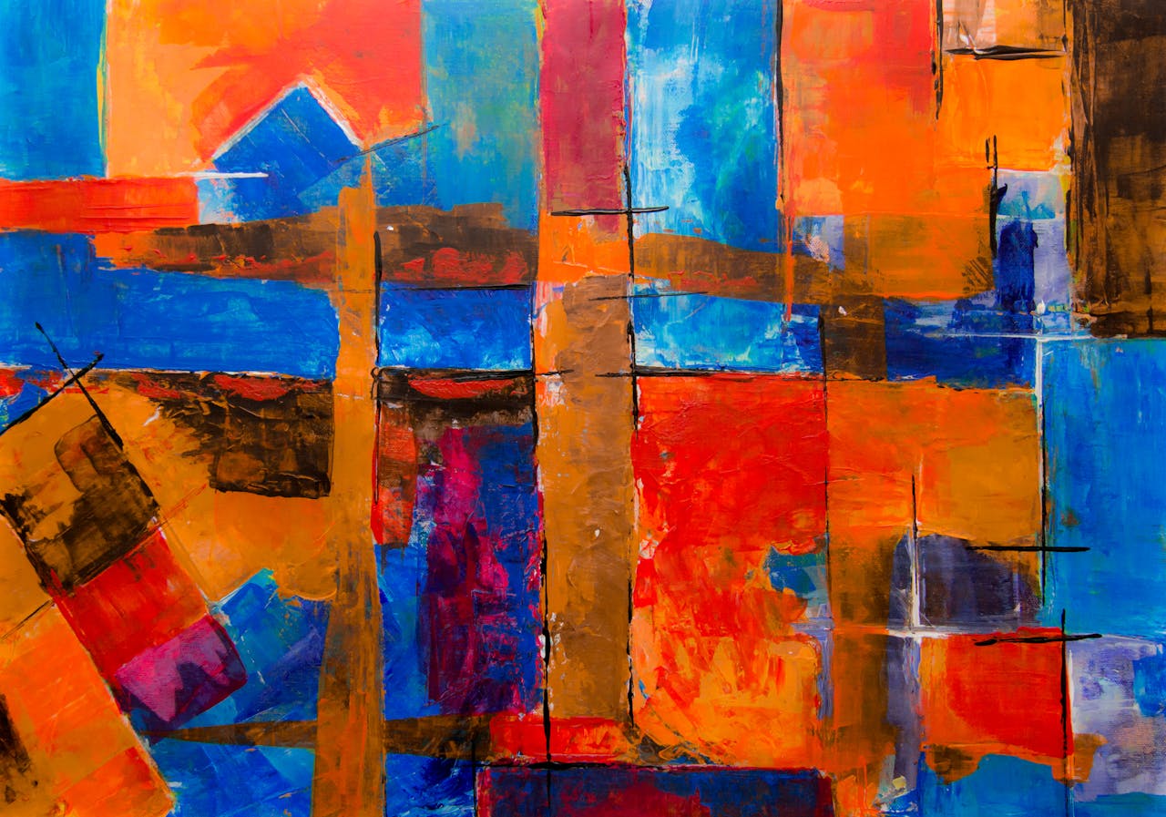 Portfolio Dynamic abstract painting with bold colors and geometric shapes on canvas.