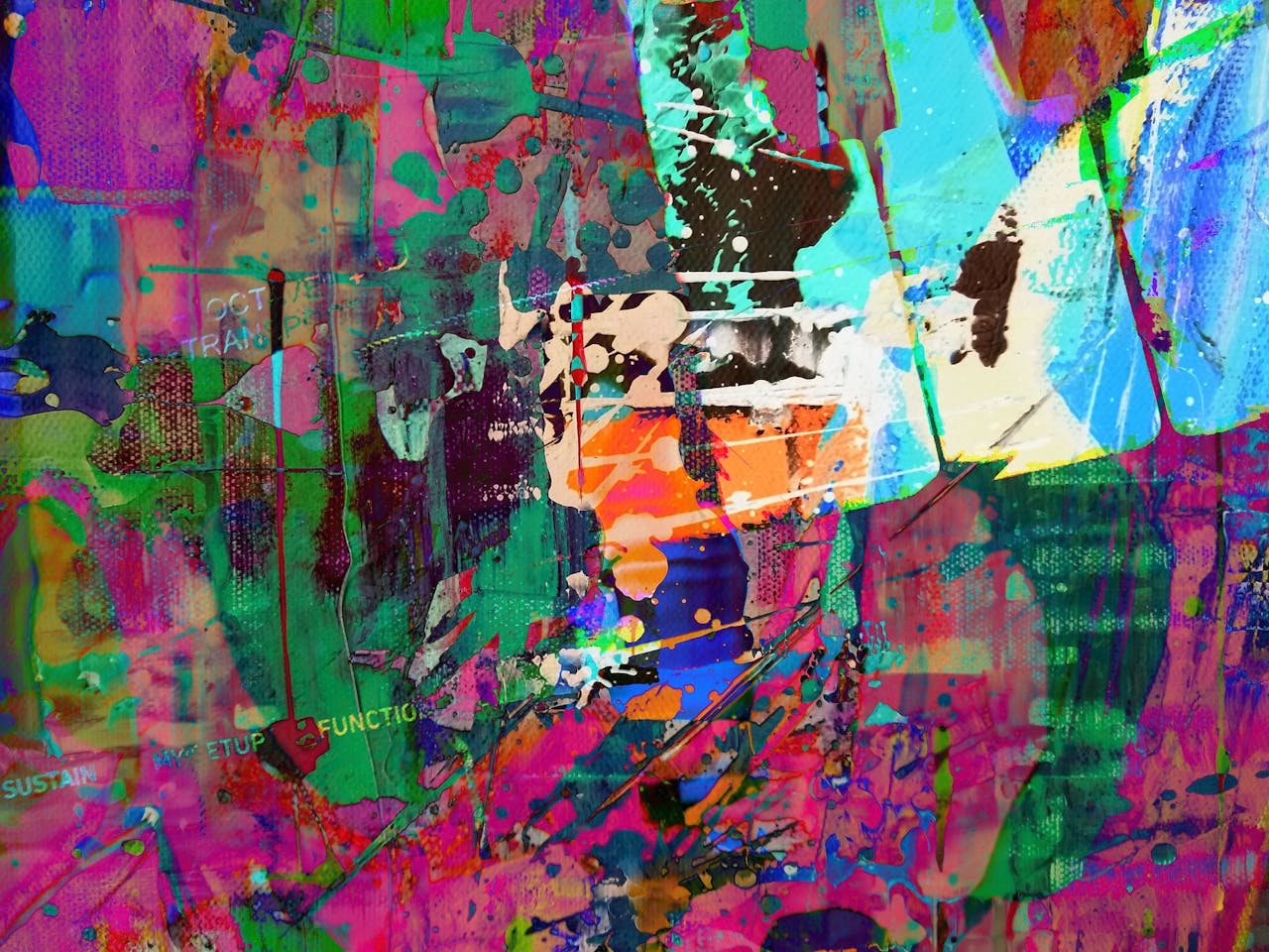 Portfolio Colorful abstract painting with dynamic brush strokes in expressionist style.